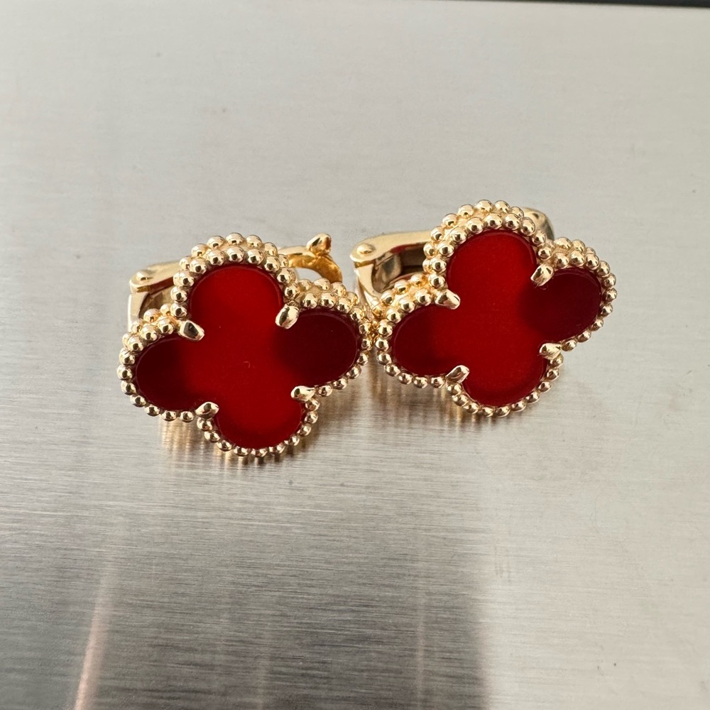 Elegant Red and Real 18K Gold Clover Earrings